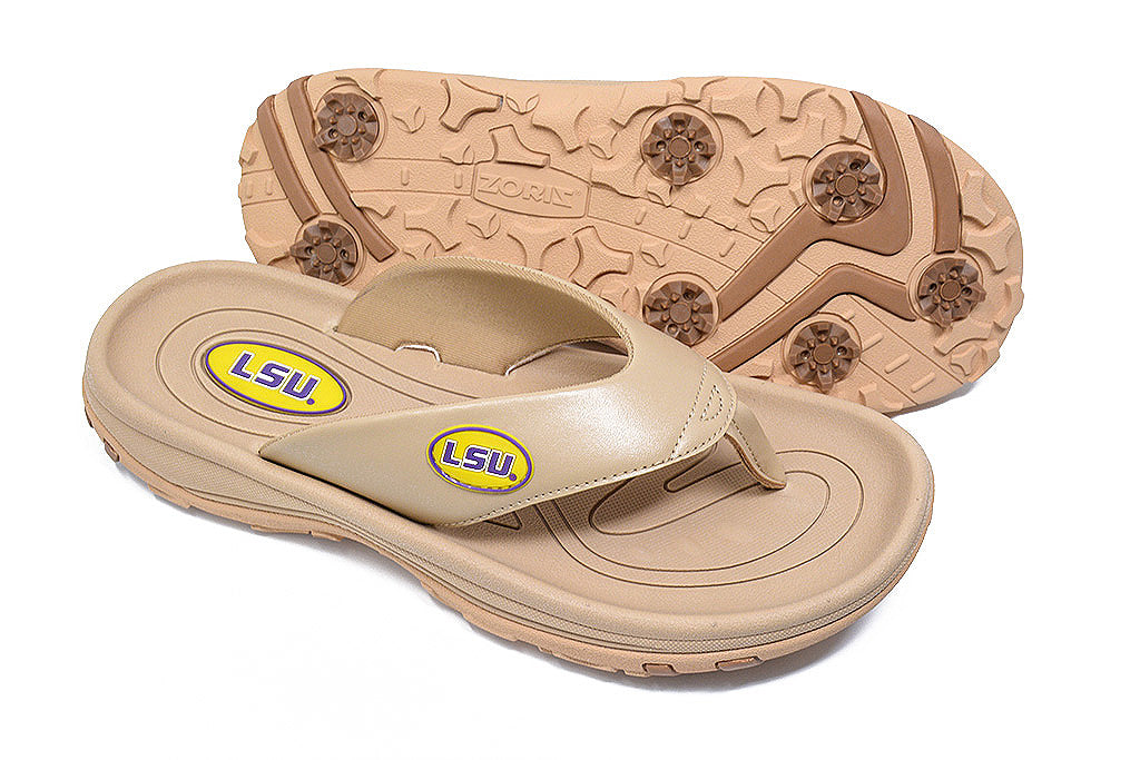 LSU golf sandal, zoriz golf flip flops, collegiate series golf shoes