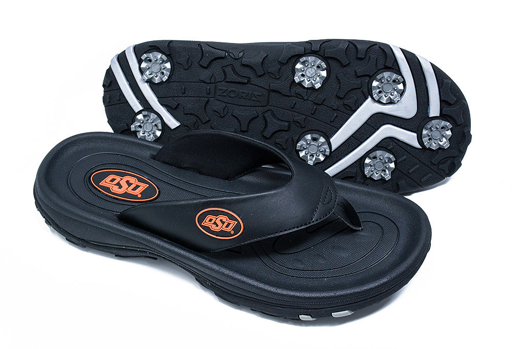 Oklahoma State golf sandal, zoriz golf flip flops, collegiate series golf shoes