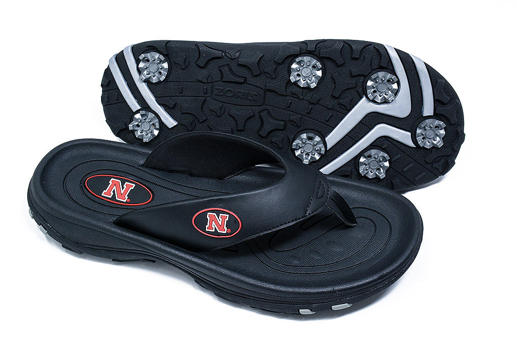 Nebraska golf sandal, zoriz golf flip flops, collegiate series golf shoes