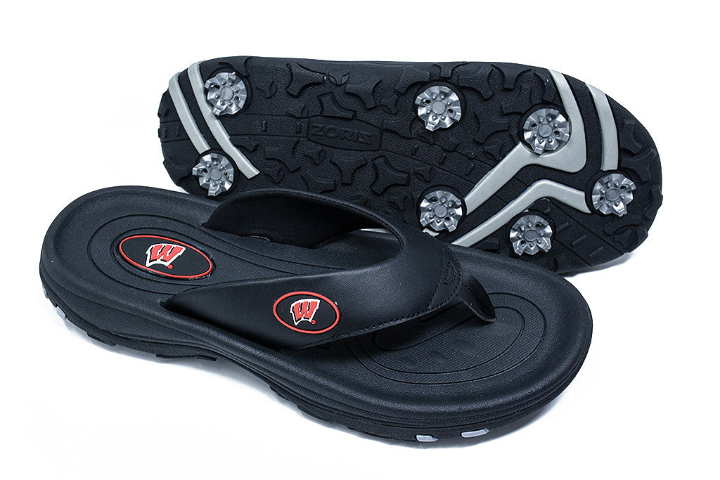 University of Wisconsin golf sandals, zoriz golf flip flops, collegiate series golf shoes